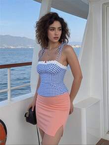 Women's Fitted Cami Tops Sleeveless Lace Trim Plaid Print Slim Fit Camisole Tank Tops - 藍色 - 查看 4