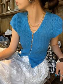JustMiss 珍珠鈕扣短袖針織開襟衫 女款春夏新款 V領修身優雅上衣 - 藍色 - 查看 6