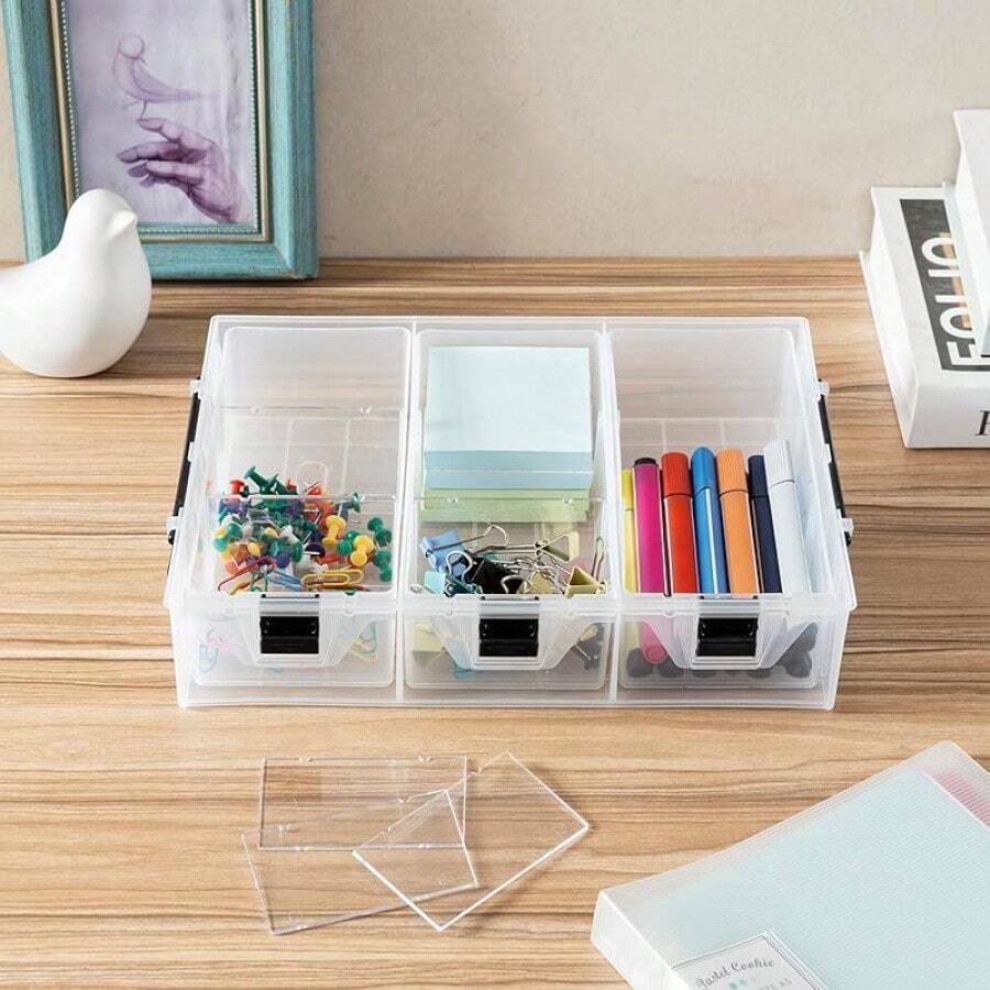 MyGift 11 Inch Clear Arts And Crafts Stackable Container, Sewing Supplies Storage Organizer Case With Pink Accents, 24 Customizable Compartments, And 6 Drawers With Removable Dividers - 黑色(僅限添加托盤) - 查看 1