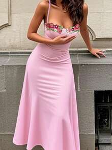 Women's Winter Dress, Pink Spaghetti Strap Embroidered Lace A-Line Dress, Suitable For Valentine's Day, Dates, Gatherings, Parties, Travel, Vacation, Beach And Other Occasions - Pink - View 6