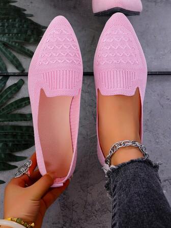 2025 Otoño Zapatos planos de mujer con puntera puntiaguda y slip-on de punto a rayas, zapatos planos de estilo bohemio de unicolor, moda casual sexy para exteriores, lindos mocasines acanalados para mujer, adecuados para vacaciones, fiestas, hogar, oficina, exteriores, todas las estaciones