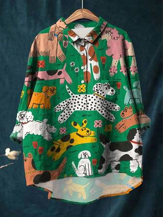 Women's Relaxed Fit Shirt With Canine Art - Dog Print Breathable Everyday Top