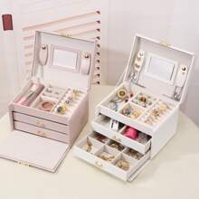1pc Luxury Leather 3-Drawer Jewelry Box, Travel Carrying Jewelry Organizer For Earrings, Necklaces & Other Accessories With Lock