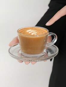1pc Premium Glass Coffee Cup & Saucer Set, Creative Embossed Striped Textured Cup & Saucer, Elegant Afternoon Tea Cup & Saucer, Household Breakfast Milk Cup - Transparent - View 13