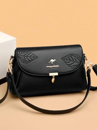 女士时尚叶子设计 PU 高品质邮差包，多功能单肩包/斜挎包，适合通勤和购物