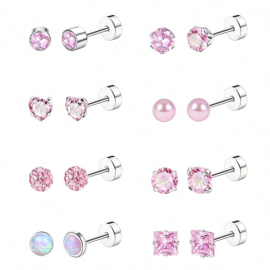 8 Pairs Titanium Steel Stud Earrings For Women Men Hypoallergenic Flat Back Stud Earrings For Sensitive Ears 20 Gauge Surgical Steel Cartilage Earring Opal CZ Pearl Small Nap Sleeper Earrings