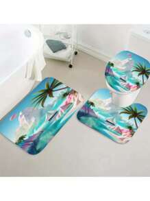 1 Peça/4 Peças Conjunto de Cortina de Chuveiro com Tema de Praia com Letras em Bolhas, com Tapete Antiderrapante, Tampa de Assento Sanitário, Tapete de Banheiro e 12 Ganchos de Plástico - Lavável em Máquina, Decoração de Banheiro em Poliéster Resistente a Manchas, Adequado para Todas as Estações - Acessórios de Banho com Tema Natural de Volta às Aulas
