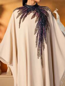 AmazingHoney 优雅的米色亮片刺绣长款 Jalabiya 女士连衣裙，带有羽毛设计的宽松长袍，斋月开斋节长袍，正式的中东长袍，长袍，长款礼服，艺术时尚，端庄 - 卡其色 - 查看 8