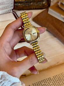 1 Reloj de dama francés retro estilo dorado cuadrado, resistente al agua, con calendario, de cuarzo. Elegante, artístico y personalizado. Ideal para uso diario, fiestas, banquetes, citas, festivales y decoración de muñeca. Incluye herramienta de ajuste.
