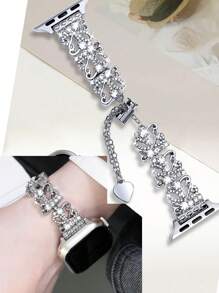 1pc Fashion Apple WatchBand Watch Strap Silver Bracelet Women,Geometric Floral Openwork Rhinestone Pattern Design Perfectly Fits The Wrist,Rhinestone Metal Shiny Strap, Compatible With Apple Watch Series 10/9/8/7/SE/6/5/4, 38mm 40mm 41mm 42mm 44mm 45mm 46mm 49mm, Smart Watch Strap, Bracelet Wristband Suitable For Her Gifts, Gifts To Friends,Adjustable AppleWatch Band