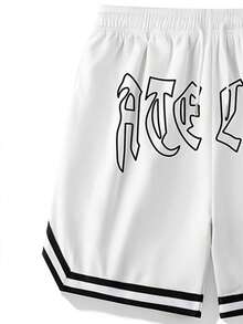 男士字母条纹弹力腰带抽绳短裤，篮球、健身运动服，男士运动短裤，健身短裤，抽绳腰带，篮球短裤，弹力轻便运动裤，适合篮球、棒球、锻炼、跑步、训练、健身、运动、户外活动，父亲节礼物