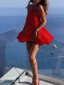 Spring/Summer Women Sexy Deep V Neck Spaghetti Strap Backless Loose A-Line Ruffled Hem Mini Dress, Suitable For Vacation, Streetwear, Tropical Style - View 3