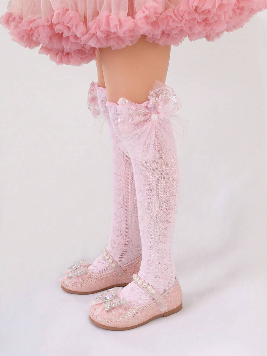 1 Pair Girls' Pearl, Mesh & Bow Heart Decor Knee High Socks, Spring/Summer - Pink - View 1