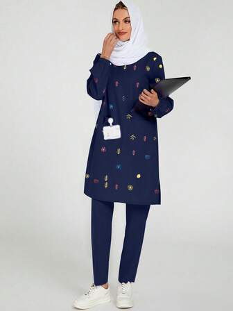 cimmuovere 适合斋月/开斋节的长袍/卡夫坦/长衫/库尔塔，休闲舒适花卉印花甜美温柔宽松圆领长袖开衩护士/医生/牙科/保健手术制服带口袋手术工作服