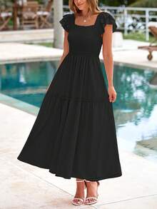 Women's Summer Dresses Pleated Short Sleeve Fluttering Layered Dresses - 黑色 - 查看 3