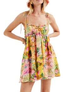 Womens Floral Mini Dress Spaghetti Strap Sleeveless Tie Back Ruffle Sundress Summer Tiered A-Line Midi Dress - 紅色 - 查看 9