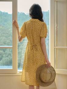 Simple Retro Puff - Sleeved Woven Dress With Small Daisy Print And Turn - Down Collar For Spring And Summer - Yellow - View 8