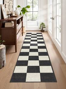 Classic Checkerboard Pattern Runner Rug, Ideal For Hardwood Floors In Entryways, Laundry Rooms, Hallway, Bedrooms, Kitchen, Room Decor, And Entryway - Indoor All-Season Home Decor, Stylish Long Floor Mat, Washable & Non-Slip, Perfect For Home Use As A Hallway Rug, Area Rugs Living Room, Black And White Tones, Bedside Rug, Kitchen Rugs, House Decor | Kitchen Decor