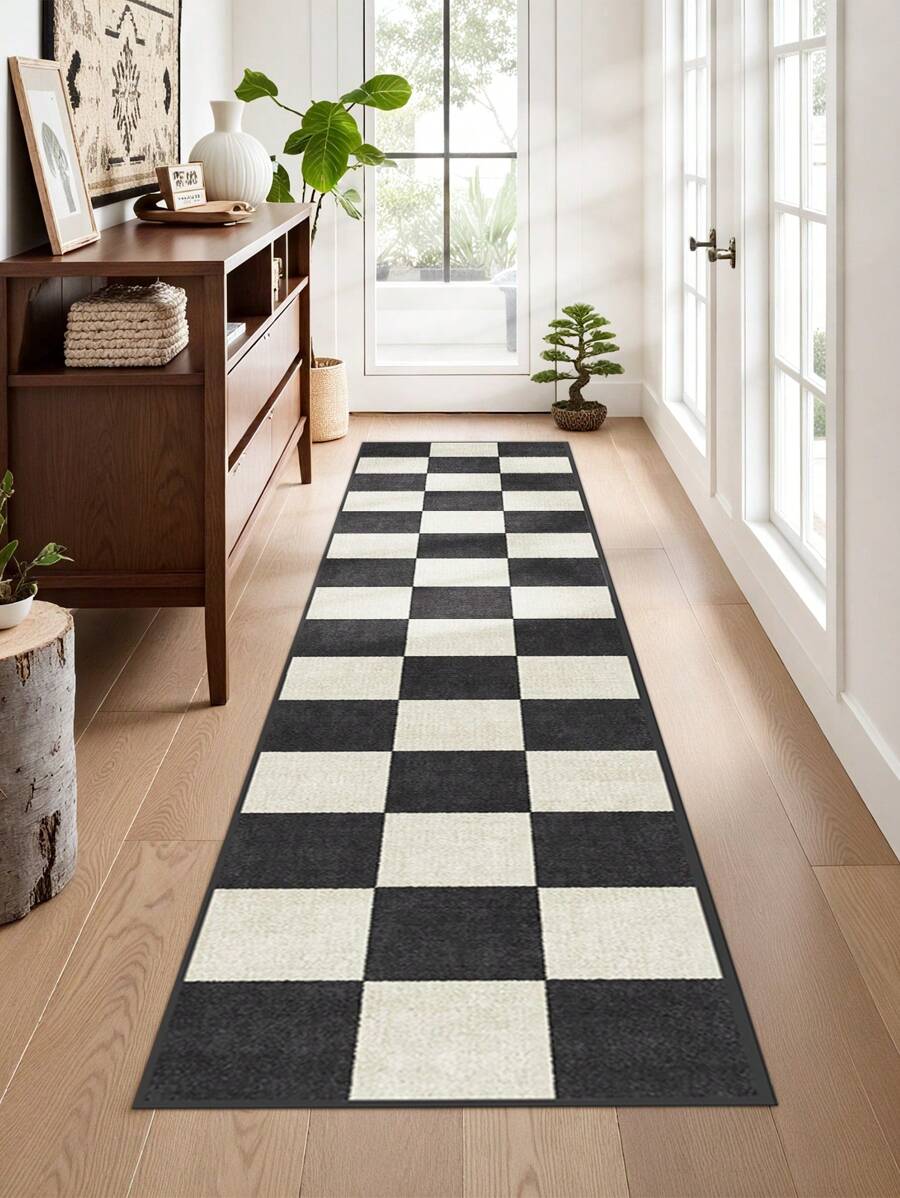 Classic Checkerboard Pattern Runner Rug, Ideal For Hardwood Floors In Entryways, Laundry Rooms, Hallway, Bedrooms, Kitchen, Room Decor, And Entryway - Indoor All-Season Home Decor, Stylish Long Floor Mat, Washable & Non-Slip, Perfect For Home Use As A Hallway Rug, Area Rugs Living Room, Black And White Tones, Bedside Rug, Kitchen Rugs, House Decor | Kitchen Decor