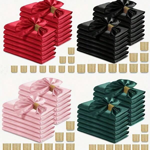 20 piezas de servilletas de tela de satén con anillos, 17 X 17 pulgadas - Servilletas suaves y reutilizables de poliéster en rojo, negro, rosa y verde, adecuadas para decoración de bodas, graduaciones, fiestas de Navidad