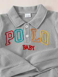 2pcs Baby Boys' Colorful Letter Embroidery Long Sleeve Polo Shirt And Waffle Shorts, Collegiate Style, Versatile For Spring/Summer
