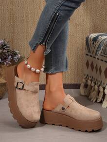 New Thick Sole 5cm Round Toe Mule Shoes For Women, Apricot & Black Color, Flat Slip-On Casual Outdoor Shoes, All Season