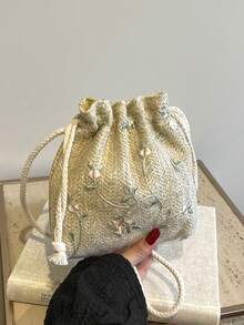 Retro Casual Shoulder Drawstring Bucket Bag For Women - Khaki - View 5