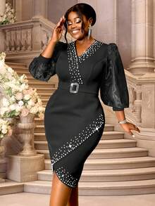 Women's Black Plus Size Rhinestone Splice Sheer Mesh Sleeve V-Neck Gorgeous Beaded Festival Party Dress For Birthday, Wedding Guest, Graduation, Dinner, Homecoming, For Cocktail - Black - View 1