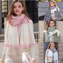 2025 New 250g Women Plaid Scarf Warm Thick Pashmina Shawl Scarf Checkered Fringed Scarf Gift - 粉色 - 查看 1