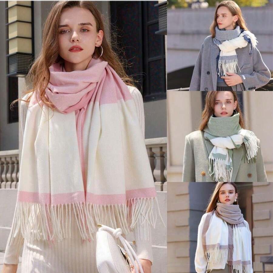 2025 New 250g Women Plaid Scarf Warm Thick Pashmina Shawl Scarf Checkered Fringed Scarf Gift - 粉色 - 查看 1