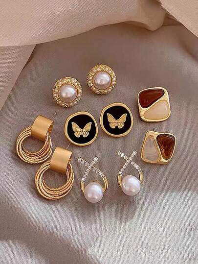 5 件装复古黑色圆形蝴蝶水钻和珍珠设计师耳环套装