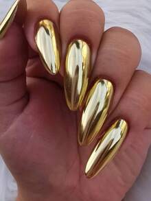 1 Set Gold Chrome Mirror Nail Powder, Metallic Gold Glitter Nail Art Pigment Powder, Includes 1 Eyeshadow Stick And Powder - Gold - View 3