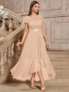 MIUSOL Đầm dạ hội maxi tay ngắn xếp tầng bằng chiffon đính sequin và ren hoa phối màu tương phản, kiểu dáng thanh lịch mùa hè. - Rượu sâm banh - Xem 5