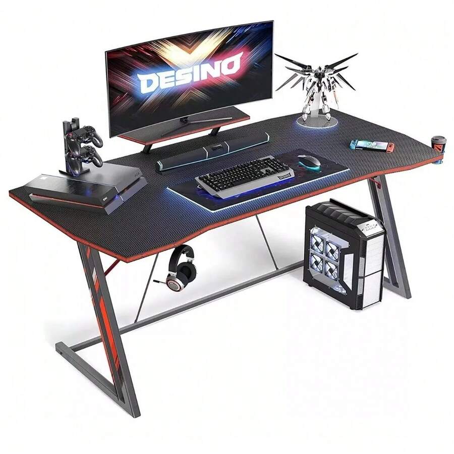 Escritorio Gamer Led Para Computadora Textura Fibra Carbono - Negro - Ver 1