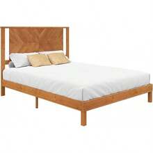 Queen/King Size Solid Wood Bed Frame With Unique Herringbone Pattern Headboard, Rustic Minimalism Retro Style Platform Bed With Wood Slats Support, No Box Spring Needed, Easy Assembly - 淺棕色 - 查看 8