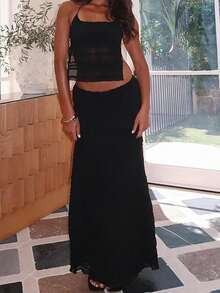 Women Y2k 2 Piece Maxi Skirt Set Sleeveless Ruffle Lace Halter Crop Top Tiered Flowy Long Skirt Summer Beach Outfit - màu đen - Xem 4