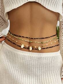 4pcs Shell Beads Layered Bohemian Rustic Body Jewelry Chain, Women Body Waist Chain Necklace