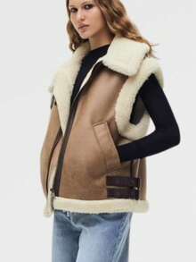 女士博格领麂皮背心仿羊毛抓绒马甲无袖夹克冬季机车夹克保暖外套上衣