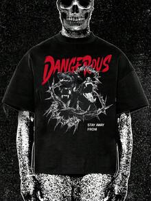 Men's Loose Fit Crew Neck T-Shirt With Greyhound & Red Letter Print Design, Spring/Summer - Black - View 1