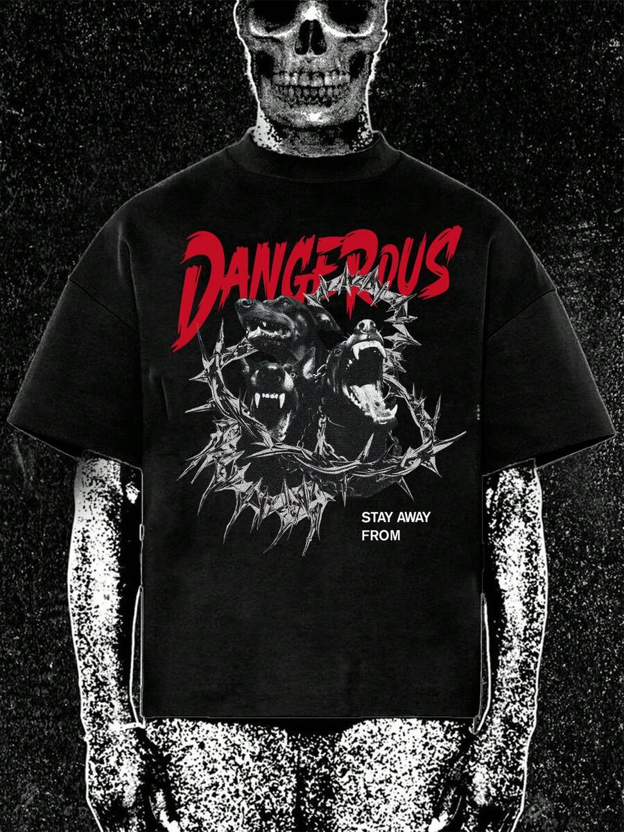 Men's Loose Fit Crew Neck T-Shirt With Greyhound & Red Letter Print Design, Spring/Summer - Black - View 1