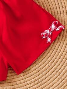 Set di top a canotta a quadri carino e pantaloncini con fiocco per neonate, adatto per uso esterno in primavera/estate - Rosso - Visualizzare 4