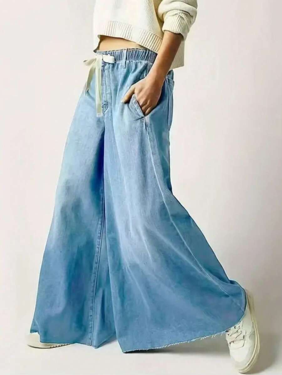 女士休闲百搭宽松高腰阔腿牛仔裤 - 淺藍 - 查看 1