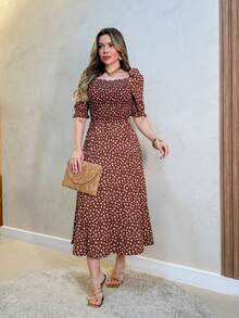 Women's Floral Pleated Summer Dress - Camel - View 2