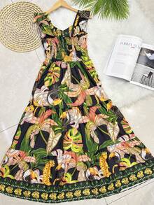 Long Dress PRINTED With Lining With Cup In Beautiful, Fashionable CREPINHO Fabric - Black Gold - View 3