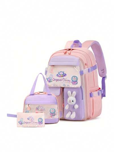 3pcs Girls Backpack Set With Lunch Box And Pencil Case - Cute Rabbit Design, Adjustable Shoulder Straps, Lightweight Nylon Student Backpack With Zipper Closure, Back To School Gift For Girls