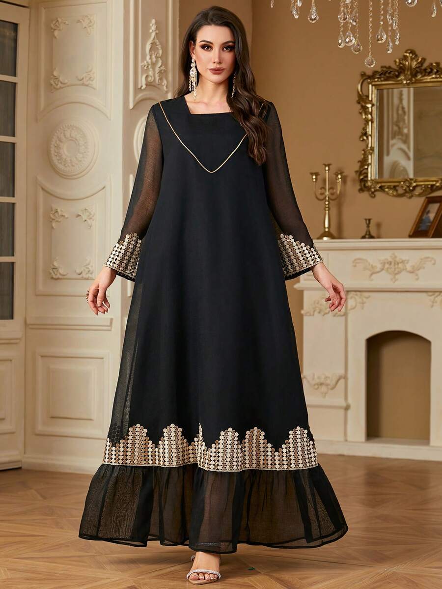 Women's Style Black Square Collar Long Sleeve Ribbon Patchwork Sequins Floral Trim Long Robe, Modest Kaftan - Black - View 1