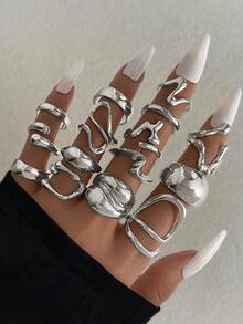 15 Pieces Of Exaggerated Fluid Asymmetrical Women's Wide Face Ring Set For Daily Wear, Casual Dating, Girlfriend's Birthday Gift