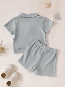 2pcs Baby Boys' Colorful Letter Embroidery Long Sleeve Polo Shirt And Waffle Shorts, Collegiate Style, Versatile For Spring/Summer