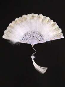 1pc Women's Feather Decor Chinese Style Folding Fan Without Tassel, Stage & Elegant Halloween