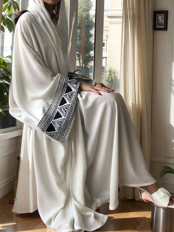 1pc Elegant Casual Loose Solid Color Embroidered Open Abaya Cardigan Robe, Exquisite Fabric Craftsmanship, Graceful And Fashionable, Modest Kaftan